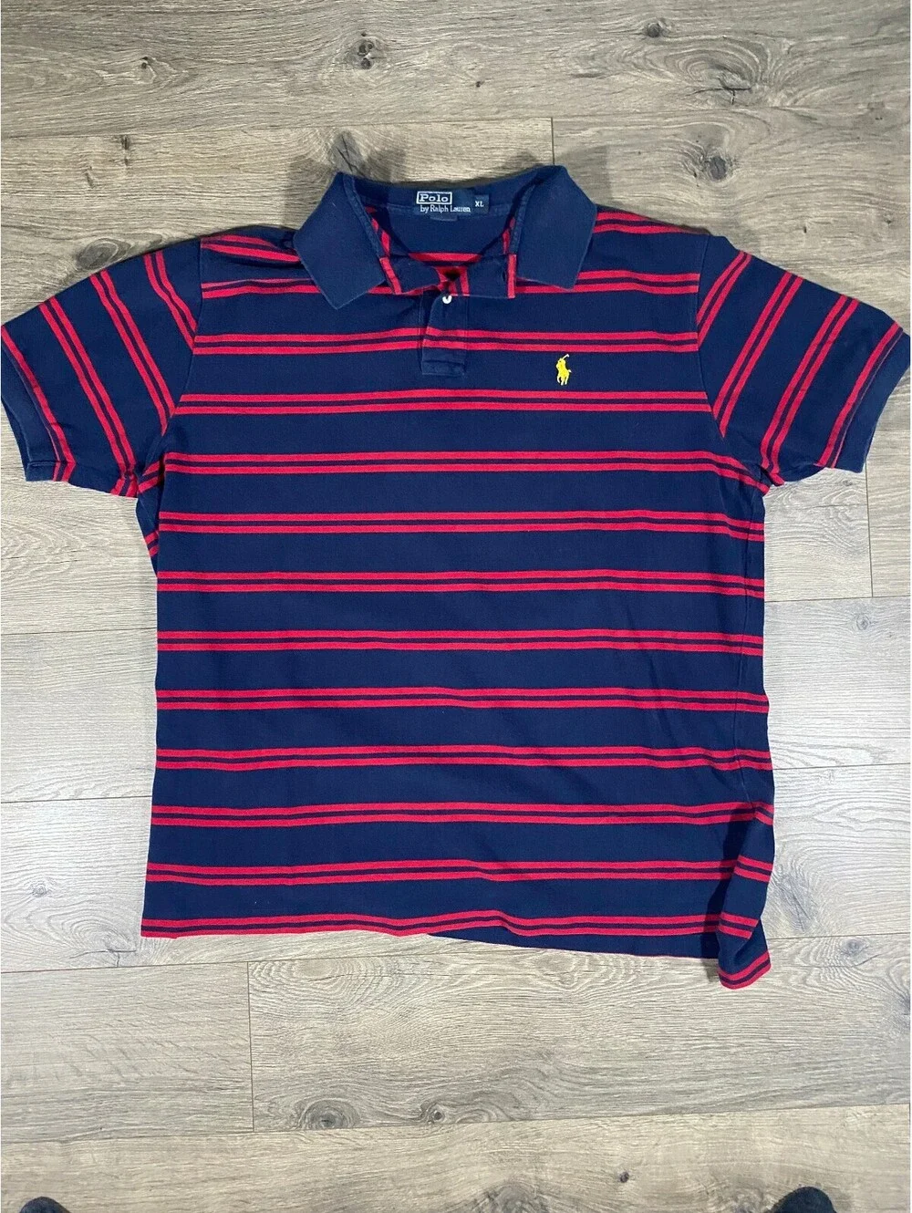 Polo Ralph Lauren Polo Shirt Mens XL Navy Red Stripe Yellow Pony 100% Cotton